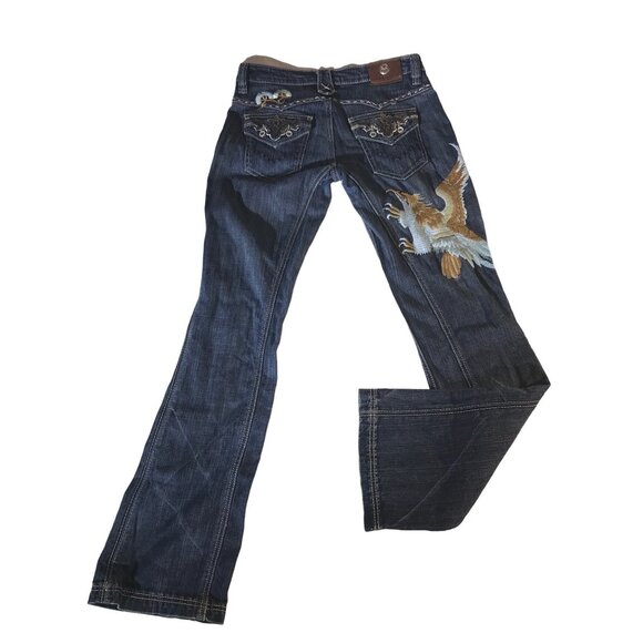 Antik Denim Womens Embroidered Bird Leather Patch Blue Jeans